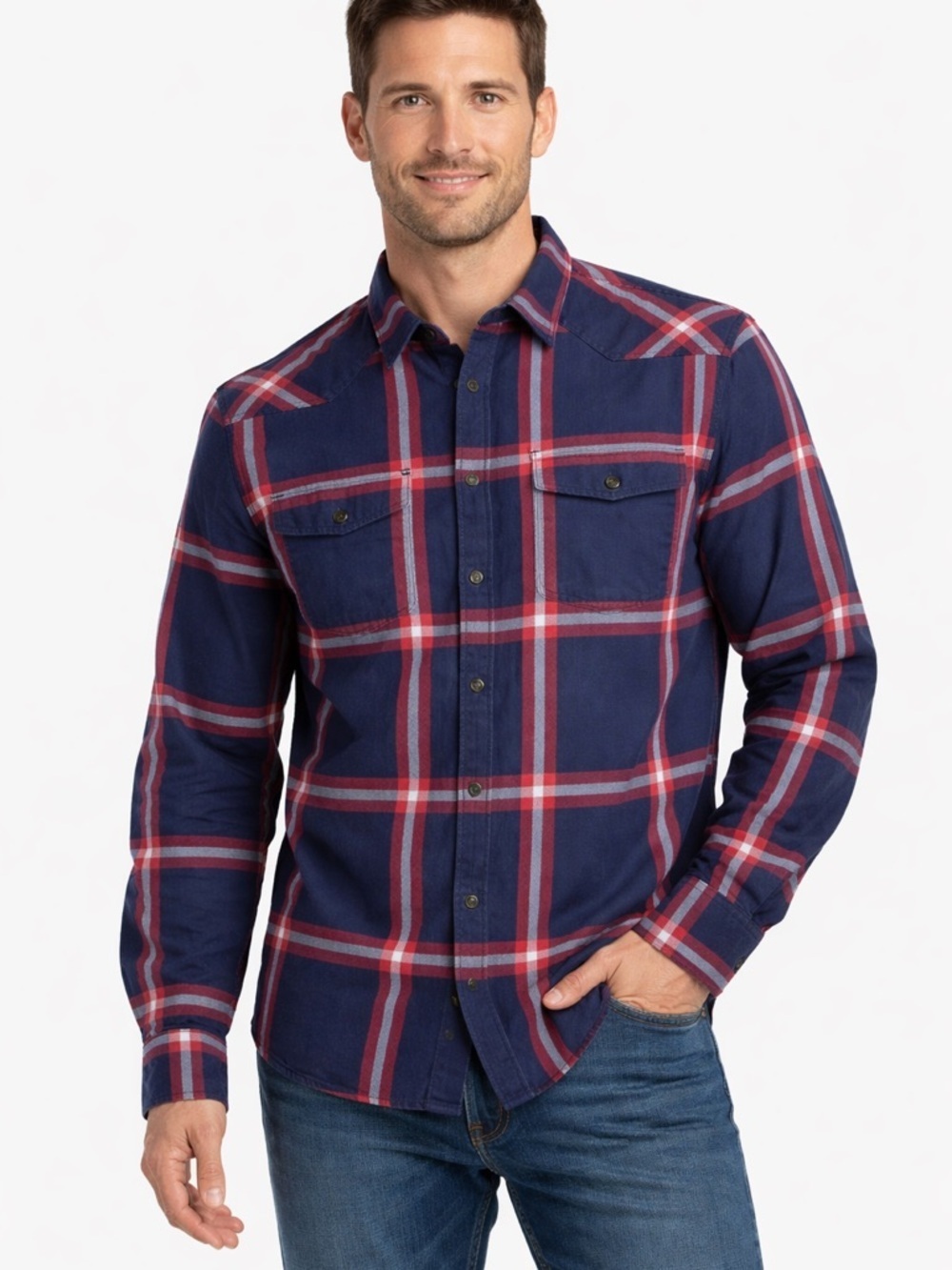 Lucky Brand Men's Saturday Stretch Medium Plaid Snap shirt. Red/Navy/White paid